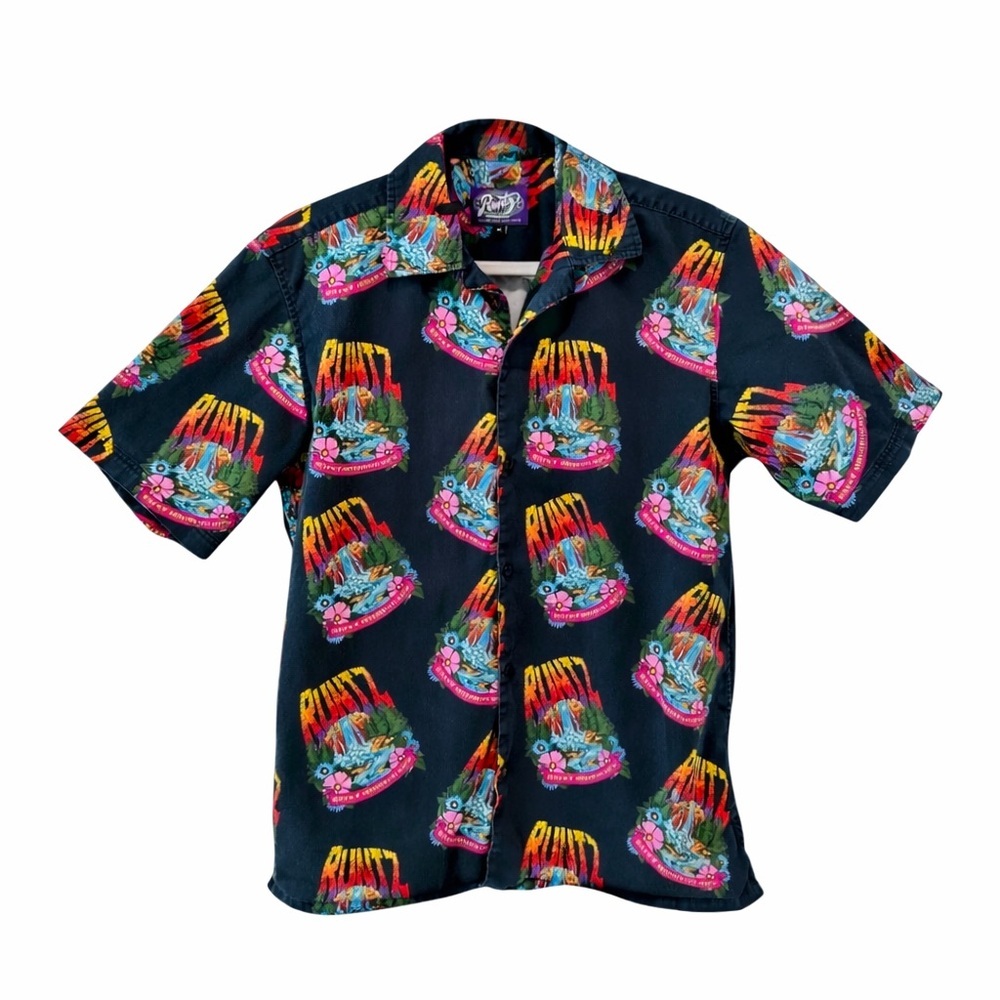 Runtz Worldwide Graphic Button Up Shirt Mens M Black Streetwear Camp Collar
